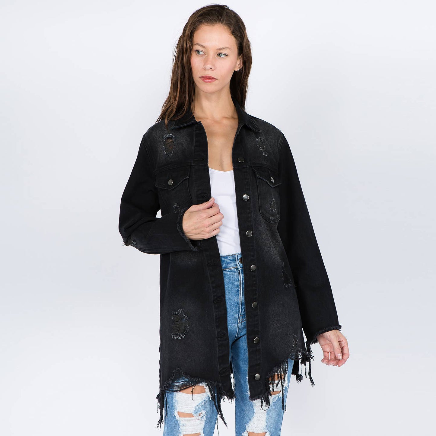 DISTRESSED DENIM SHIRT STYLE JACKET-WHITE