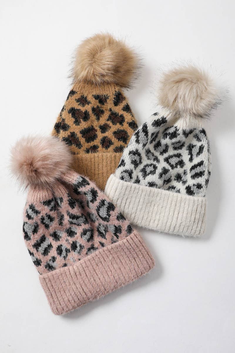 🐆 Leopard Knit Beanie with Pom Pom - Ivory