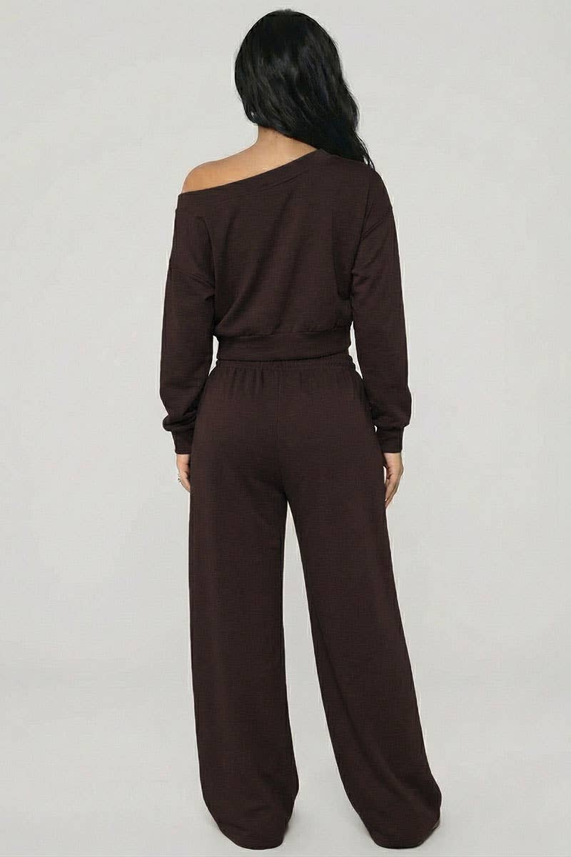 Effortless Ease French Terry Off-Shoulder Lounge Set: Charcoal Grey