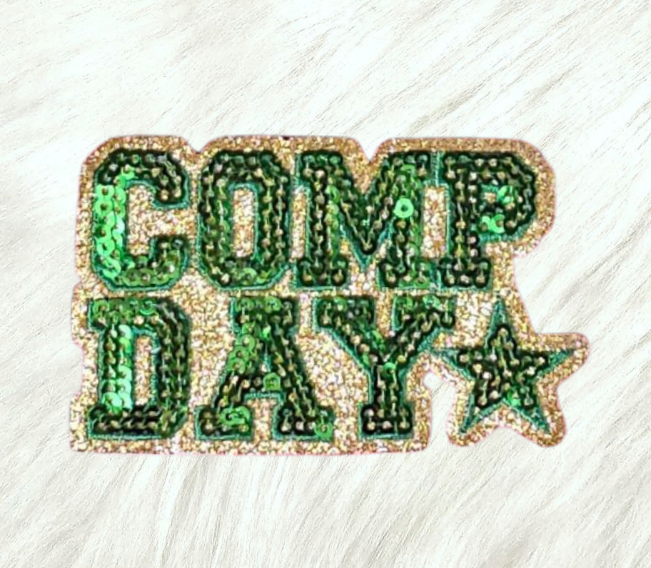 COMP DAY Cheer Dance Sequin on Glitter Small Iron-on Patch: Orange
