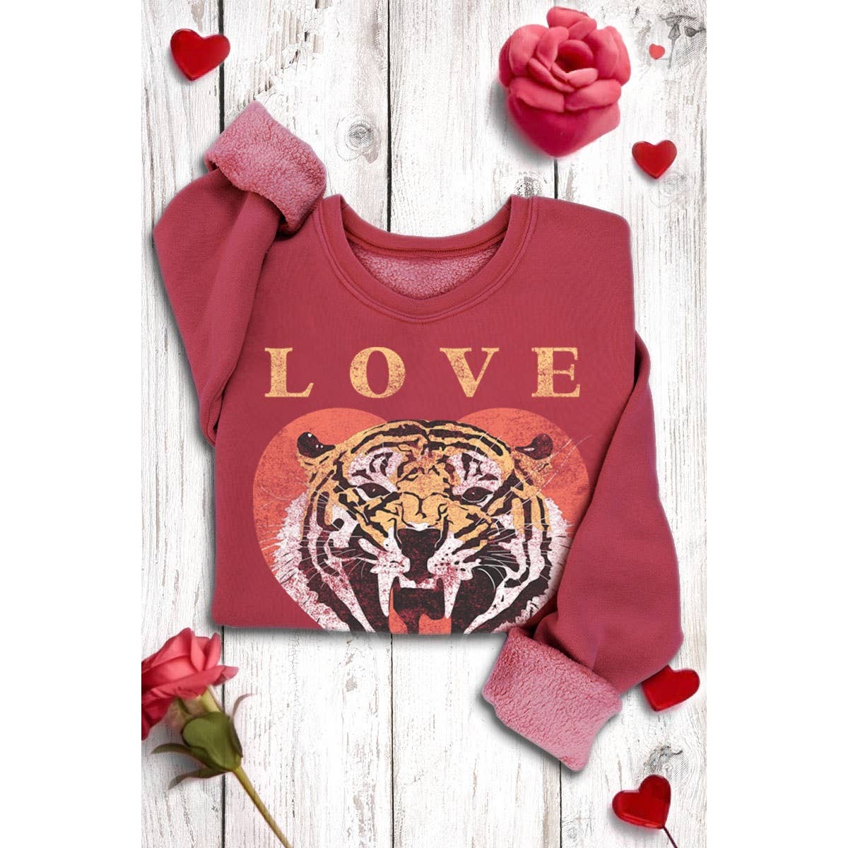 LOVE OUT LOUD TIGER FACE MINERAL GRAPHIC SWEATSHIRTS: MINERAL SCARLETTE RED