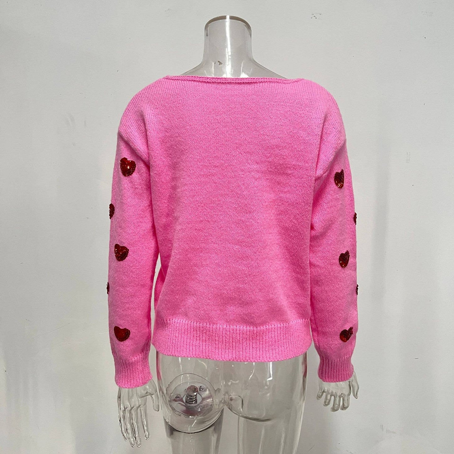 Valentines Sequin Heart Embroidered V-Neck Sweater
