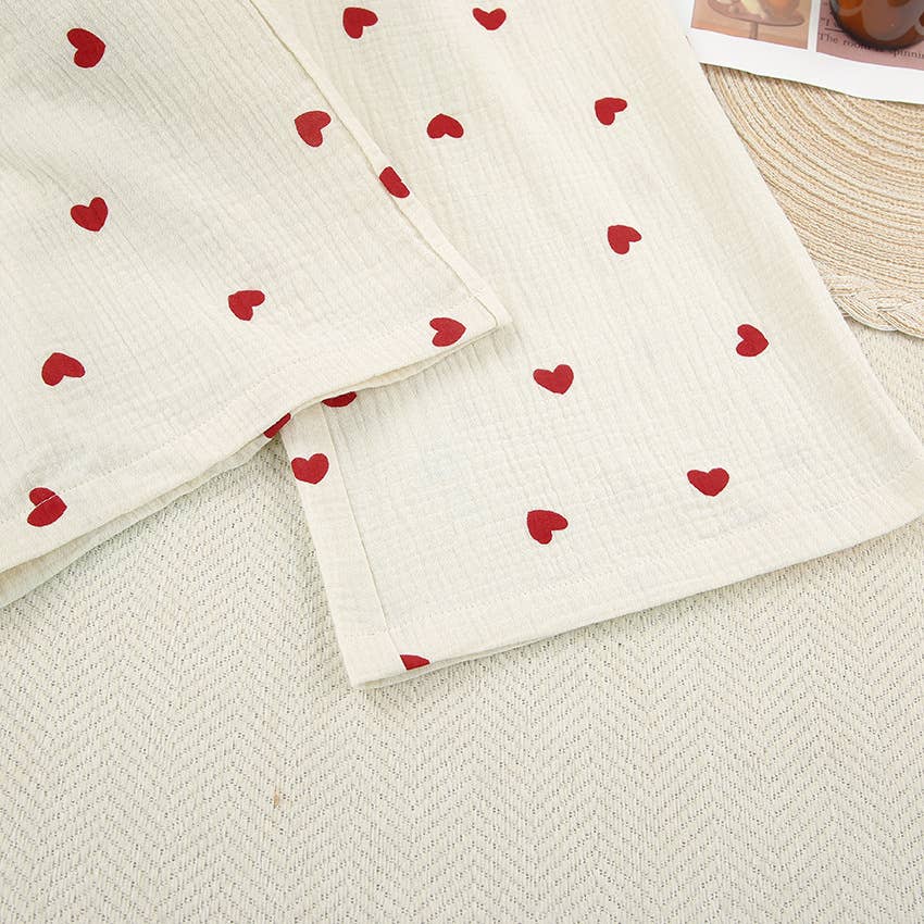 Valentine's Day heart print pajamas cotton loungewear set: Apricot