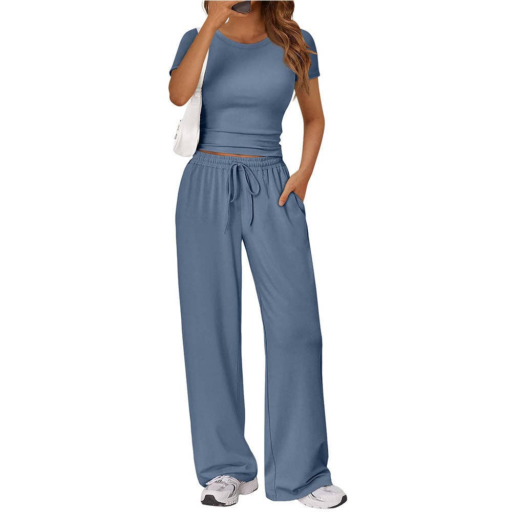 Casual Two Piece Set Crop Tee and Wide Leg Pants Set