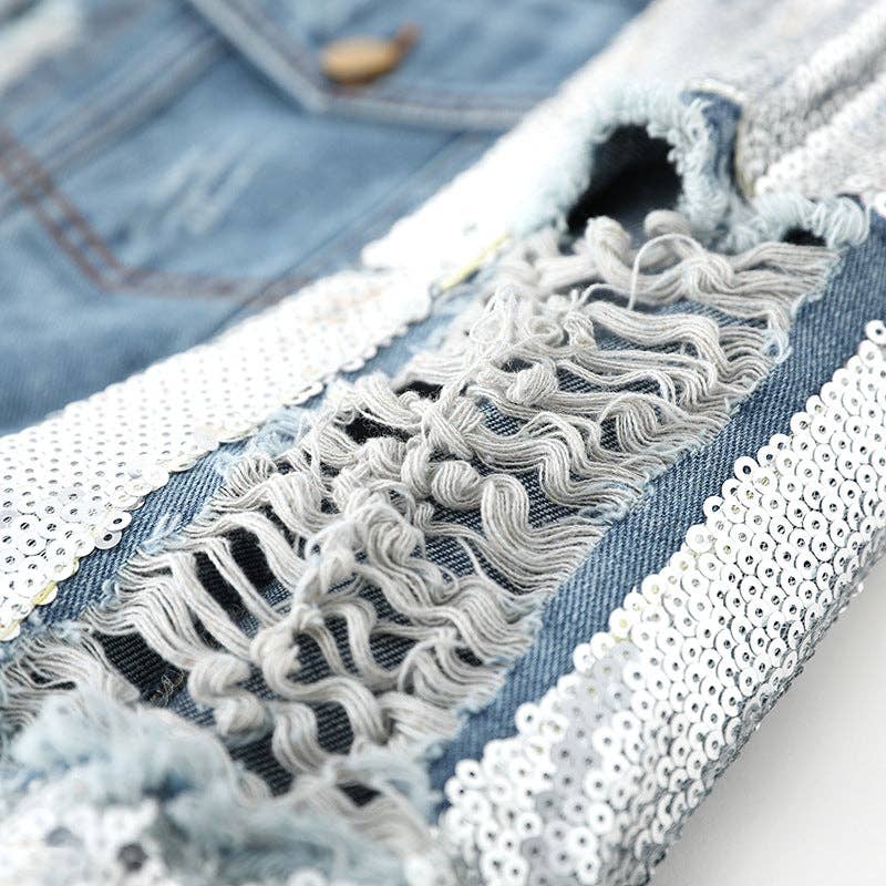 Loose Sequin Ripped Denim Coat