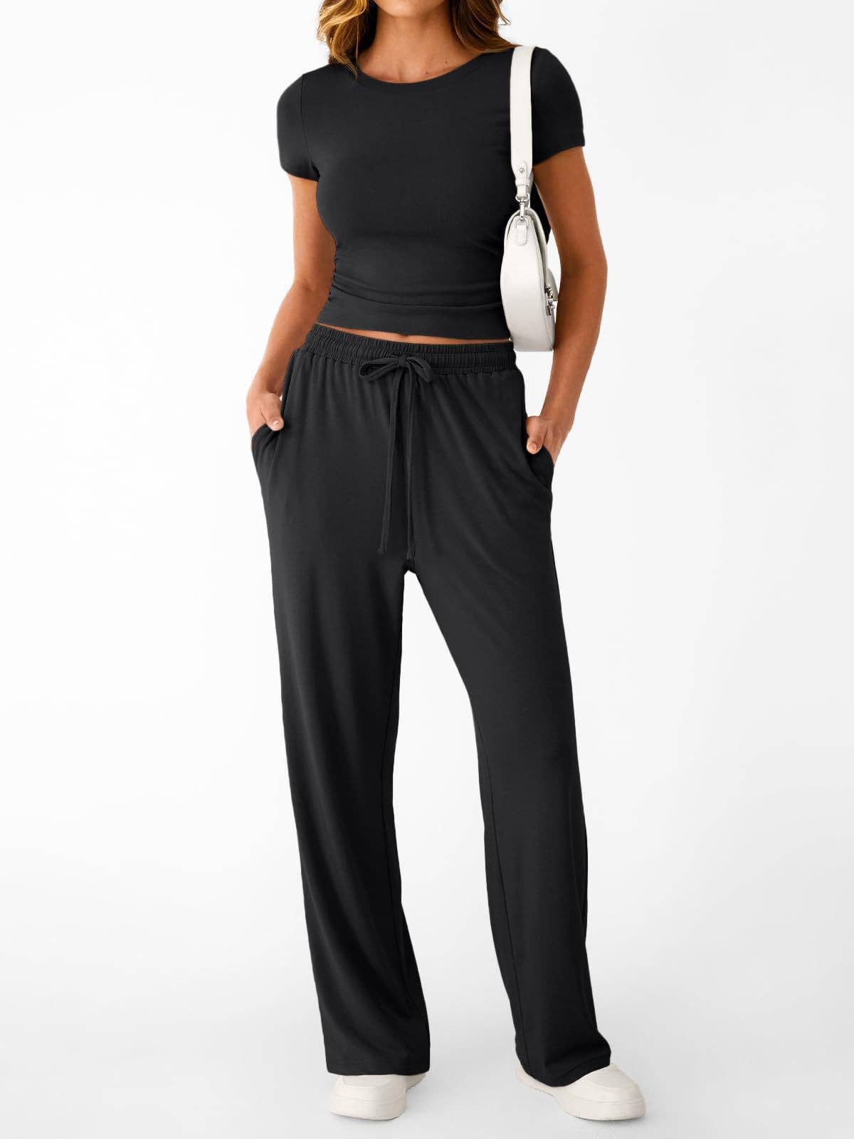 Casual Two Piece Set Crop Tee and Wide Leg Pants Set