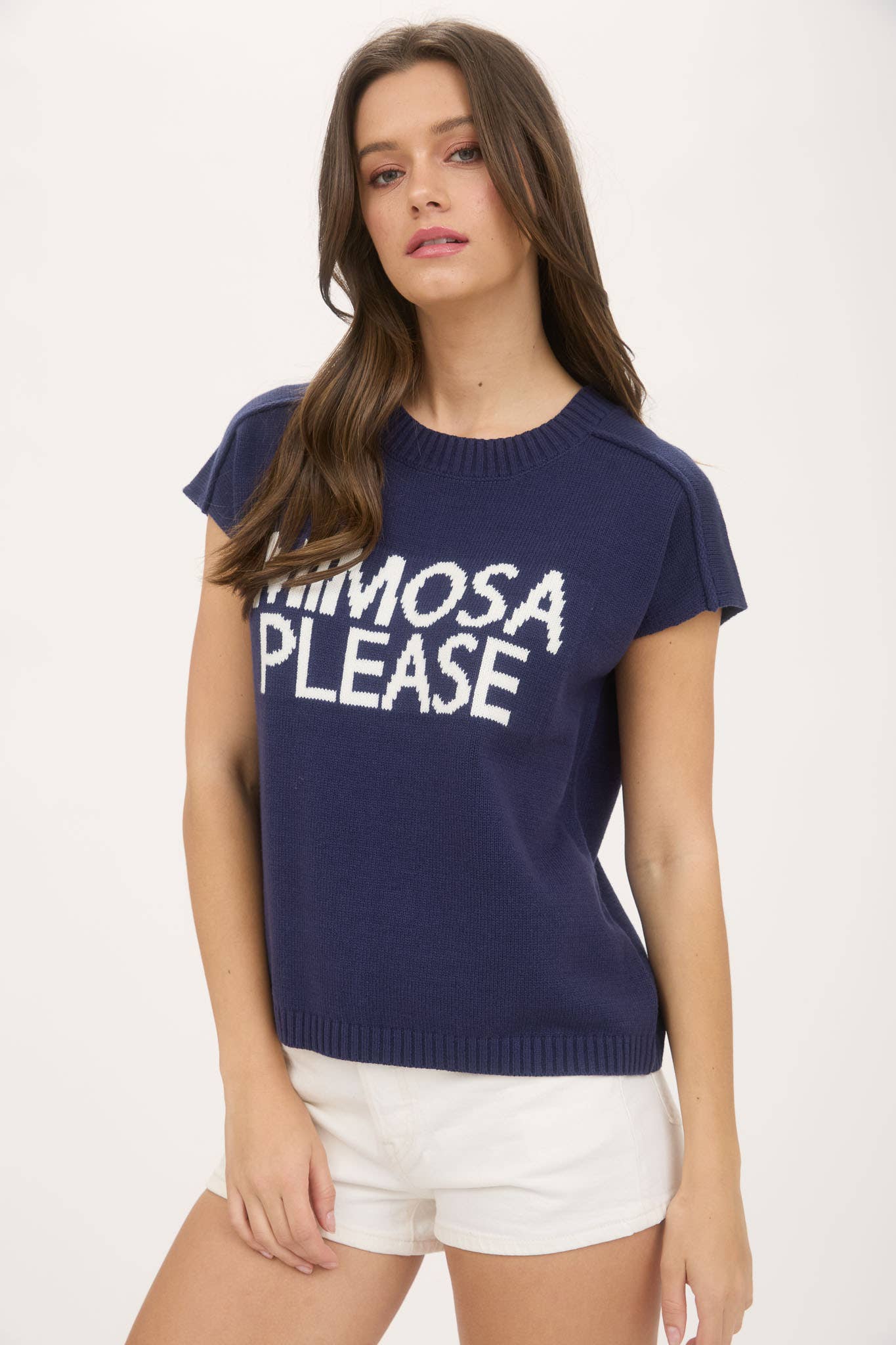 MIMOSA PLEASE SHORT SLEEVE PULLOVER SWEATER: NAVY