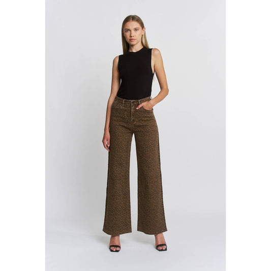 SUPER HIGH WIDE LEG LEOPARD JEANS: BROWN DERBY