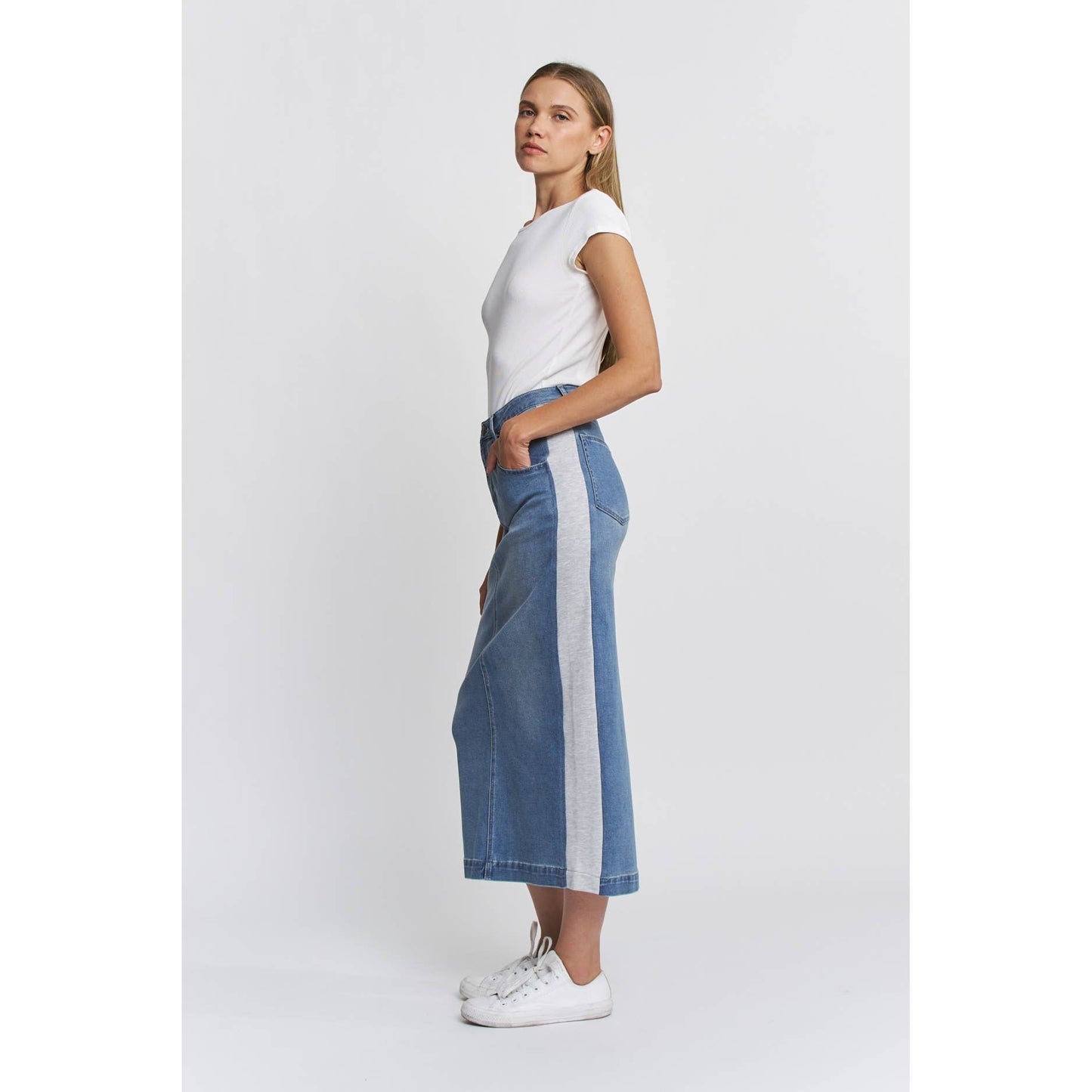 HIGH RISE MIDI SKIRT INDIGO PANELS: TERRY BLUE