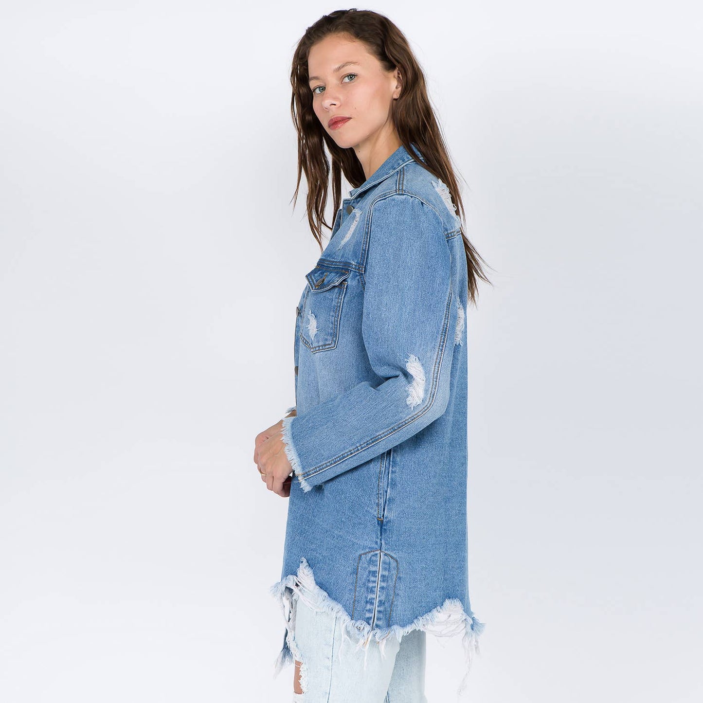 DISTRESSED DENIM SHIRT STYLE JACKET-BLUE