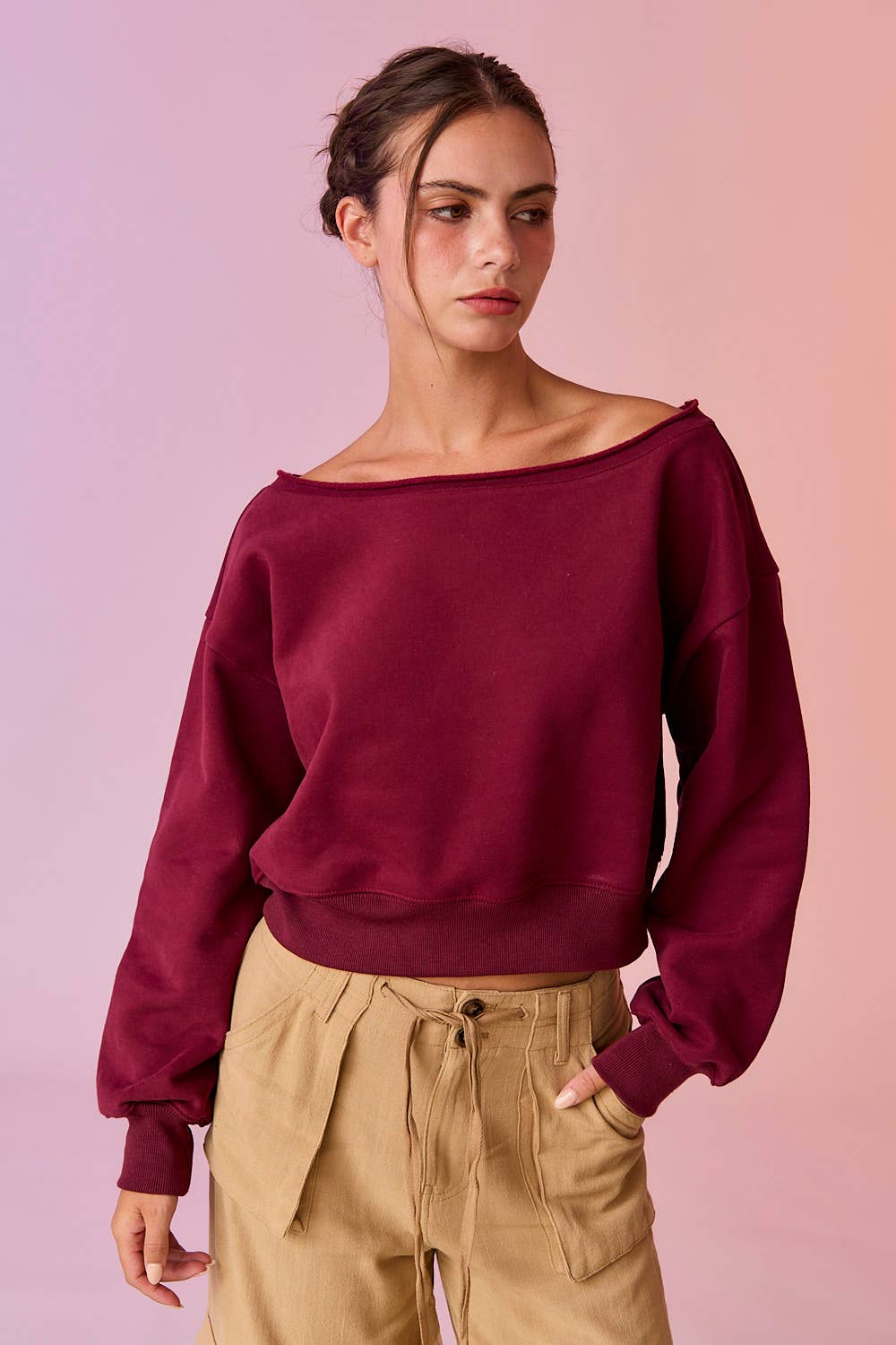 PT17835 - Alina Off Shoulder Cropped Sweatshirt: Pink