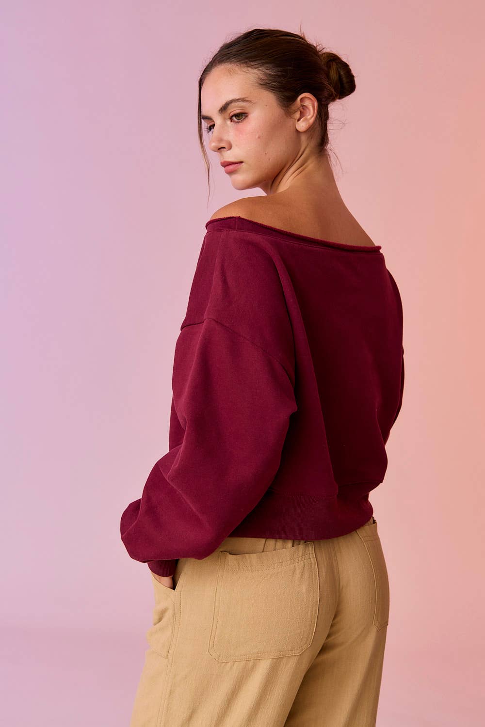 PT17835 - Alina Off Shoulder Cropped Sweatshirt: Pink