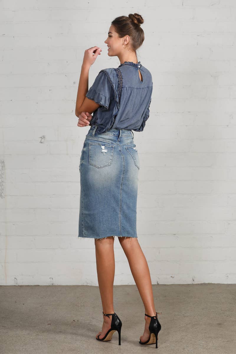 High Rise Stretch Raw Hem Knee Length Denim Skirt