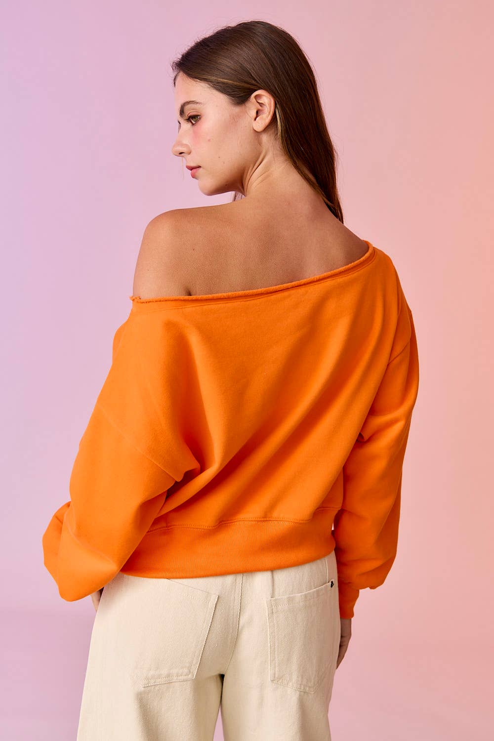 PT17835 - Alina Off Shoulder Cropped Sweatshirt: Pink