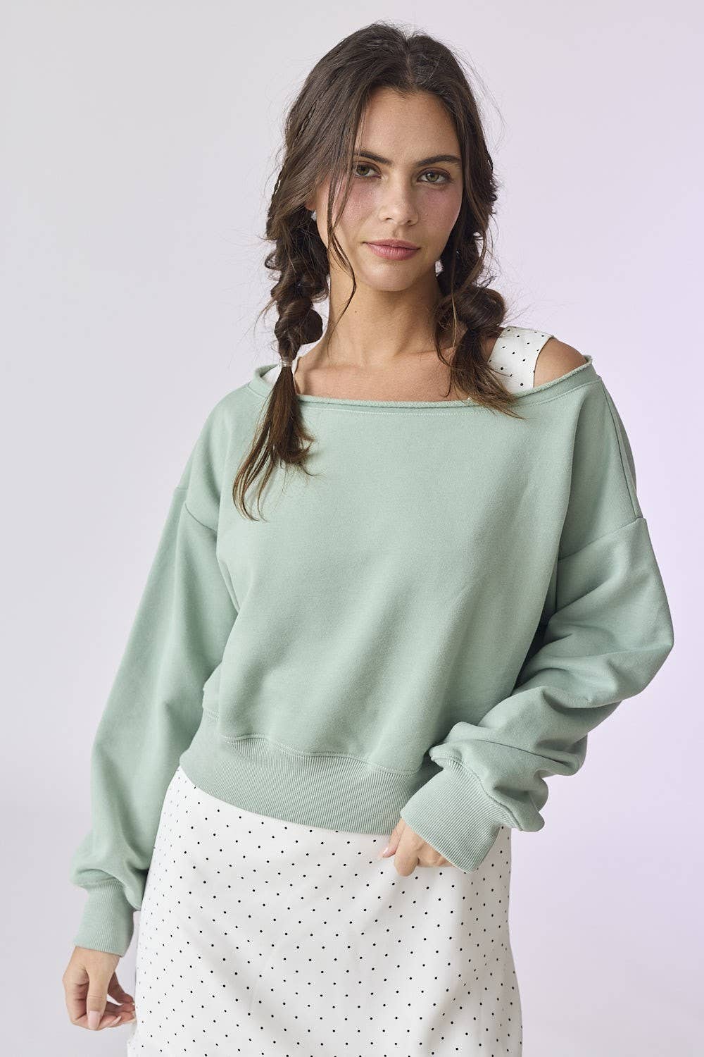 PT17835 - Alina Off Shoulder Cropped Sweatshirt: Pink