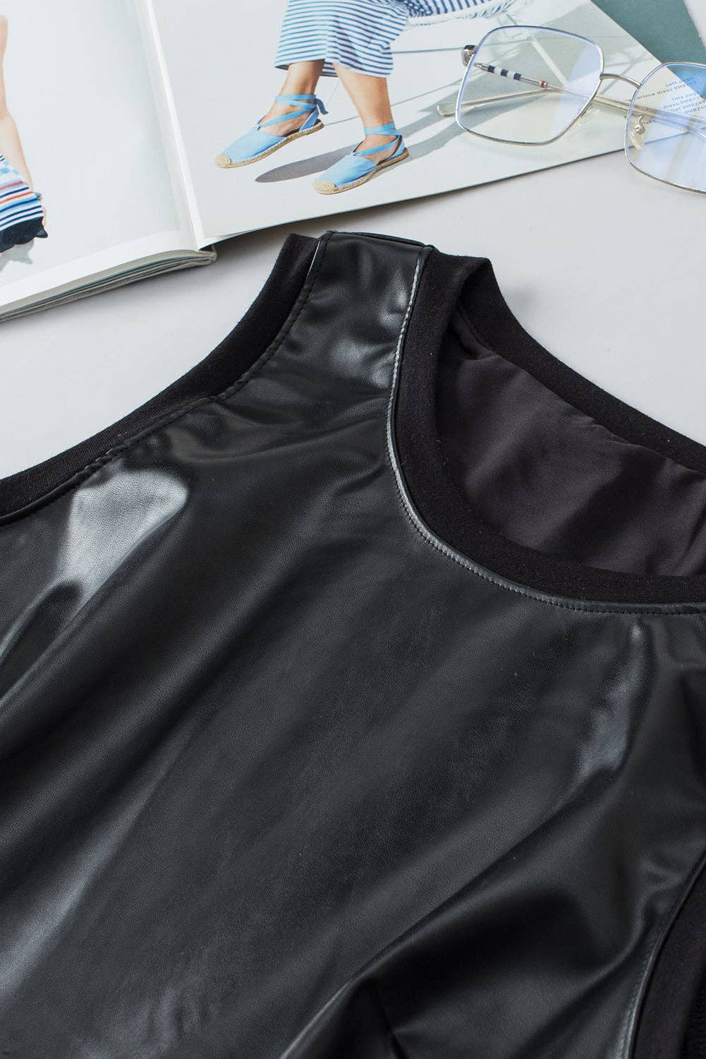 Black Faux Leather Crew Neck Tank Top: Black