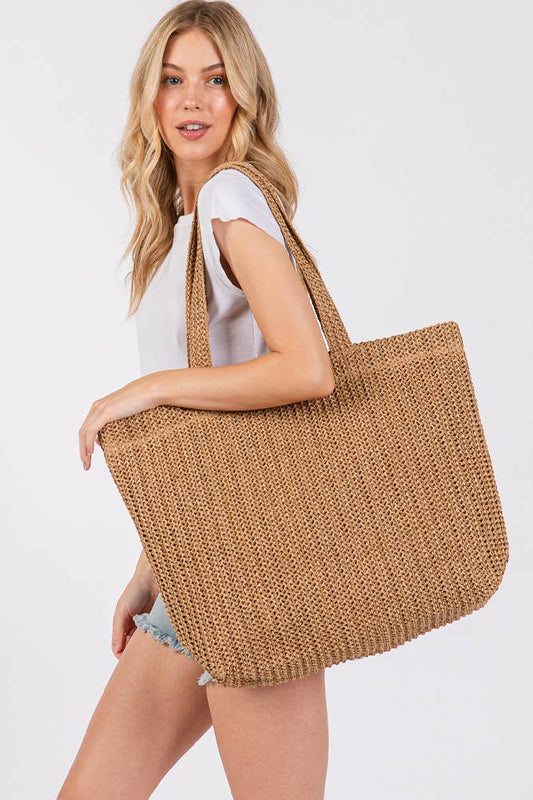 Solid Color Crochet Summer Straw Tote Bag: Taupe