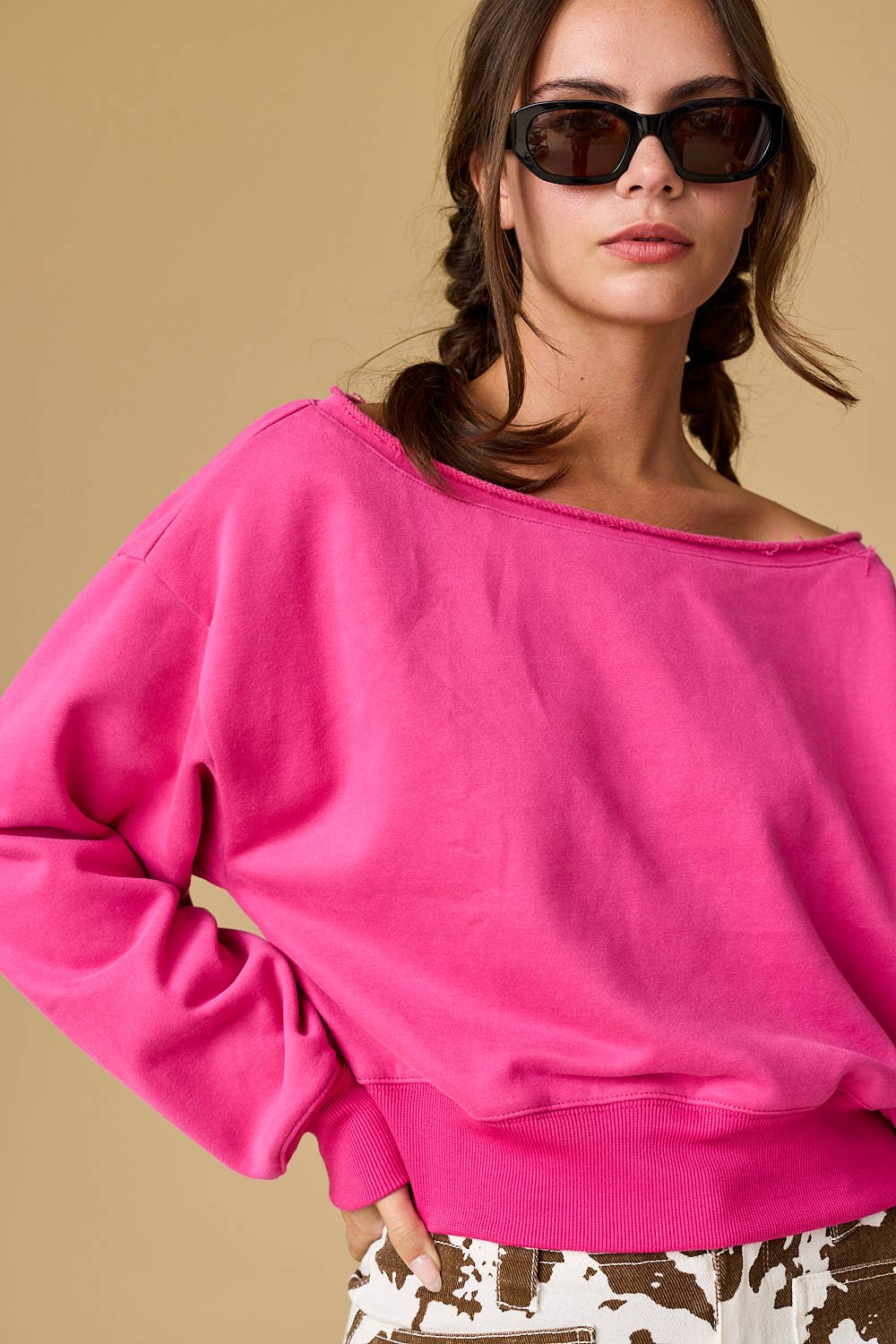 PT17835 - Alina Off Shoulder Cropped Sweatshirt: Pink