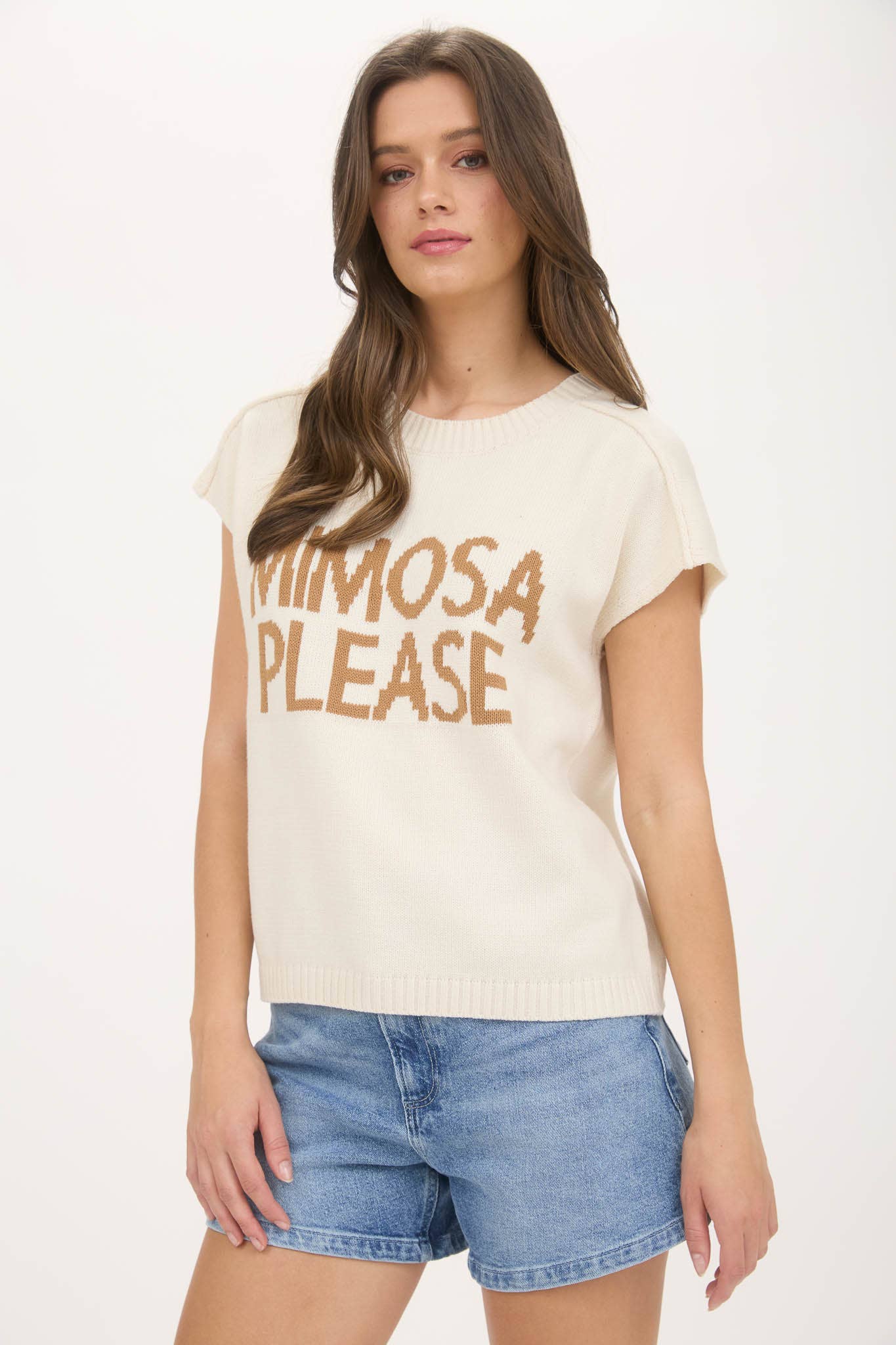 MIMOSA PLEASE SHORT SLEEVE PULLOVER SWEATER: NAVY