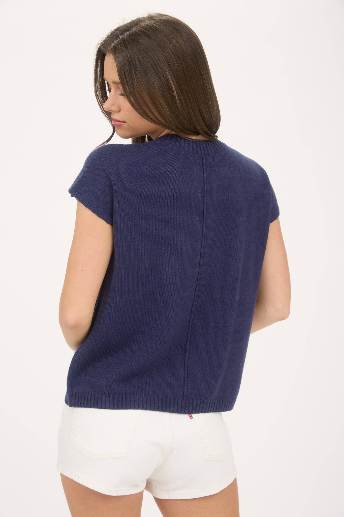 MIMOSA PLEASE SHORT SLEEVE PULLOVER SWEATER: NAVY