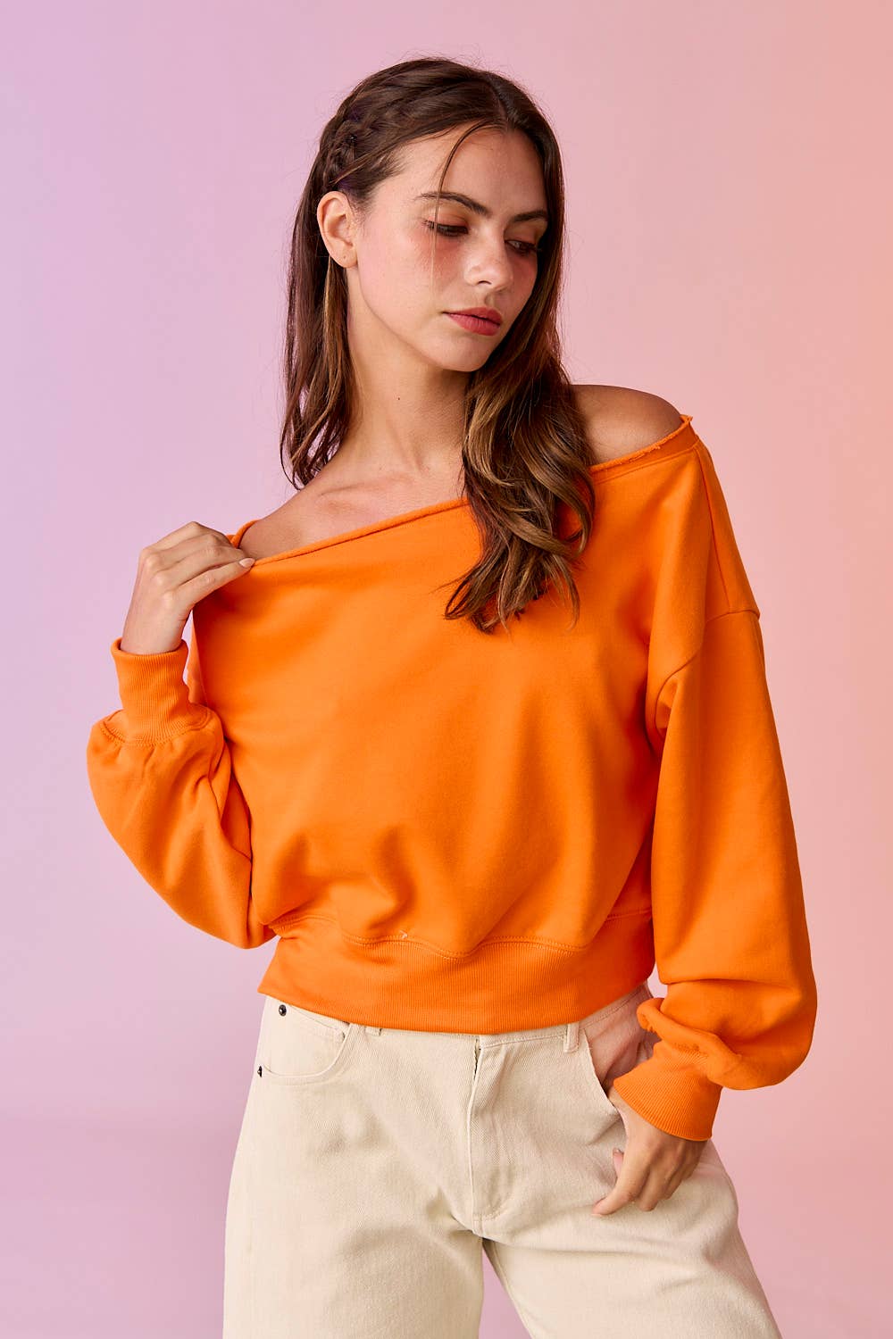 PT17835 - Alina Off Shoulder Cropped Sweatshirt: Black