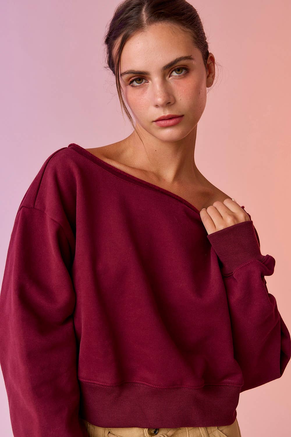 PT17835 - Alina Off Shoulder Cropped Sweatshirt: Pink