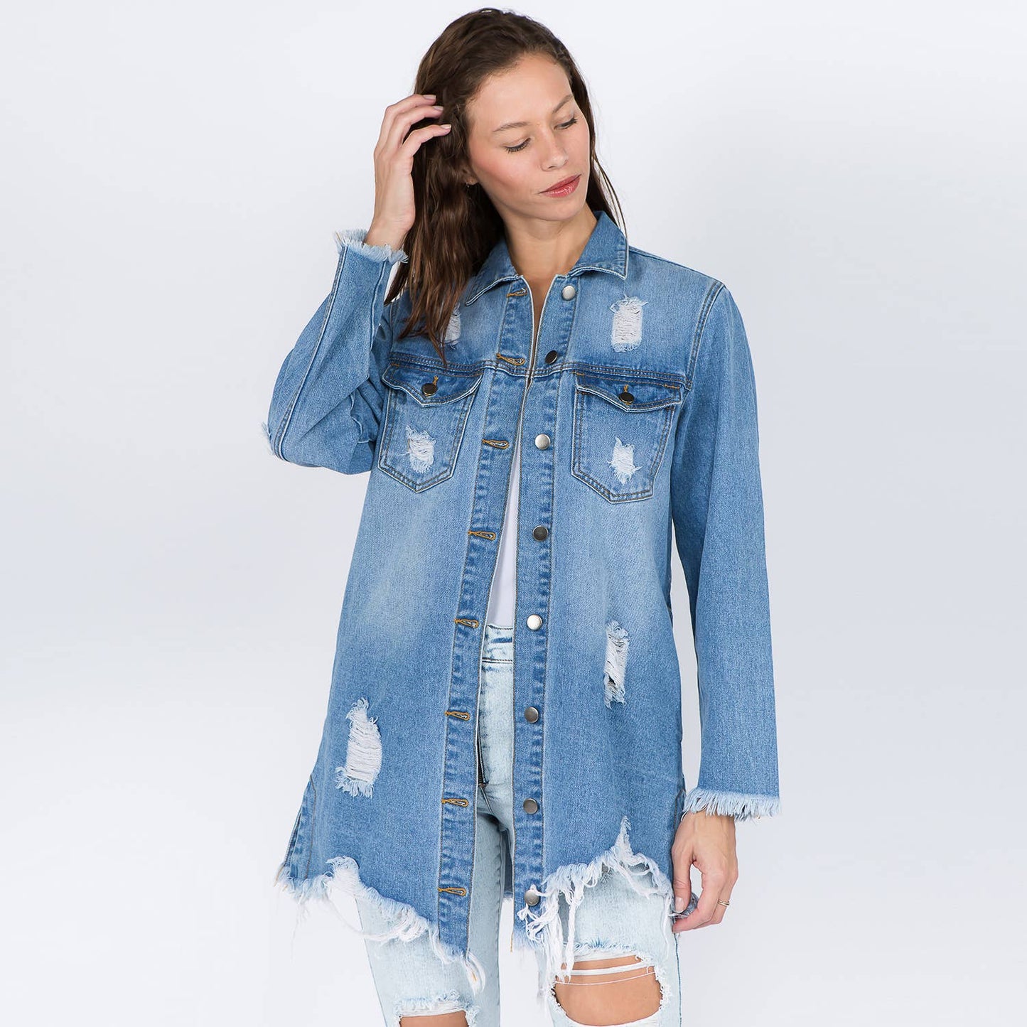DISTRESSED DENIM SHIRT STYLE JACKET-WHITE