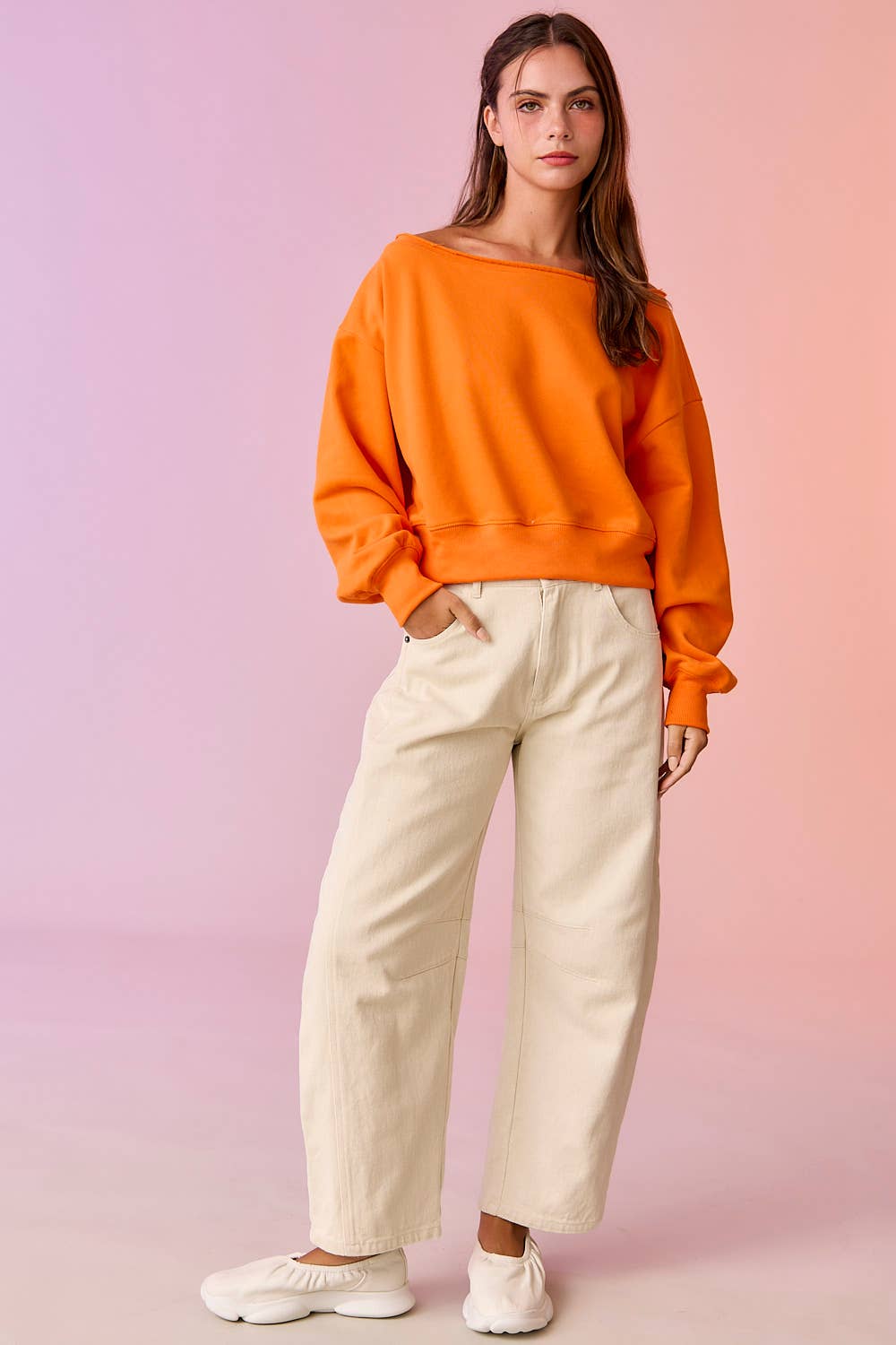 PT17835 - Alina Off Shoulder Cropped Sweatshirt: Brown