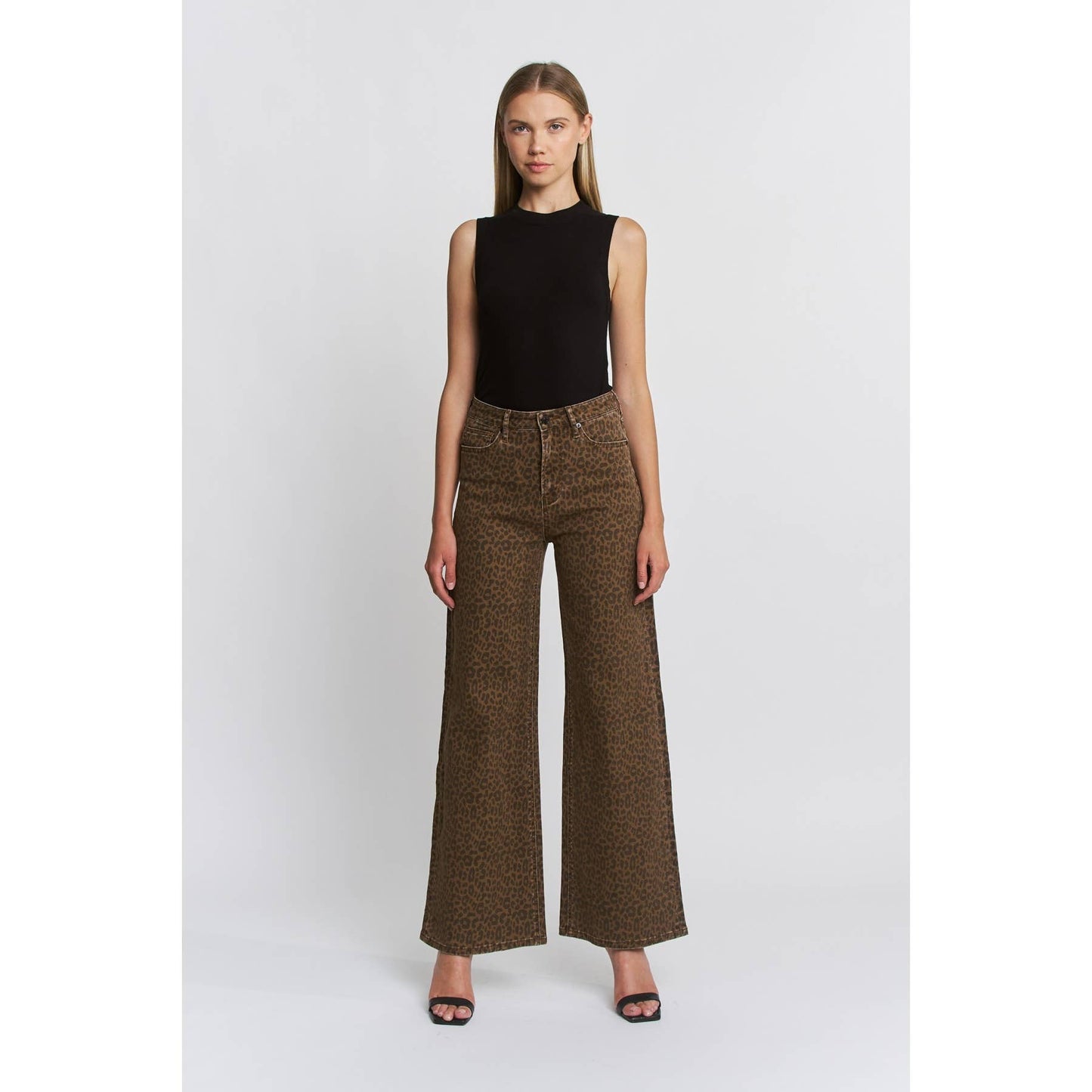 SUPER HIGH WIDE LEG LEOPARD JEANS: BROWN DERBY