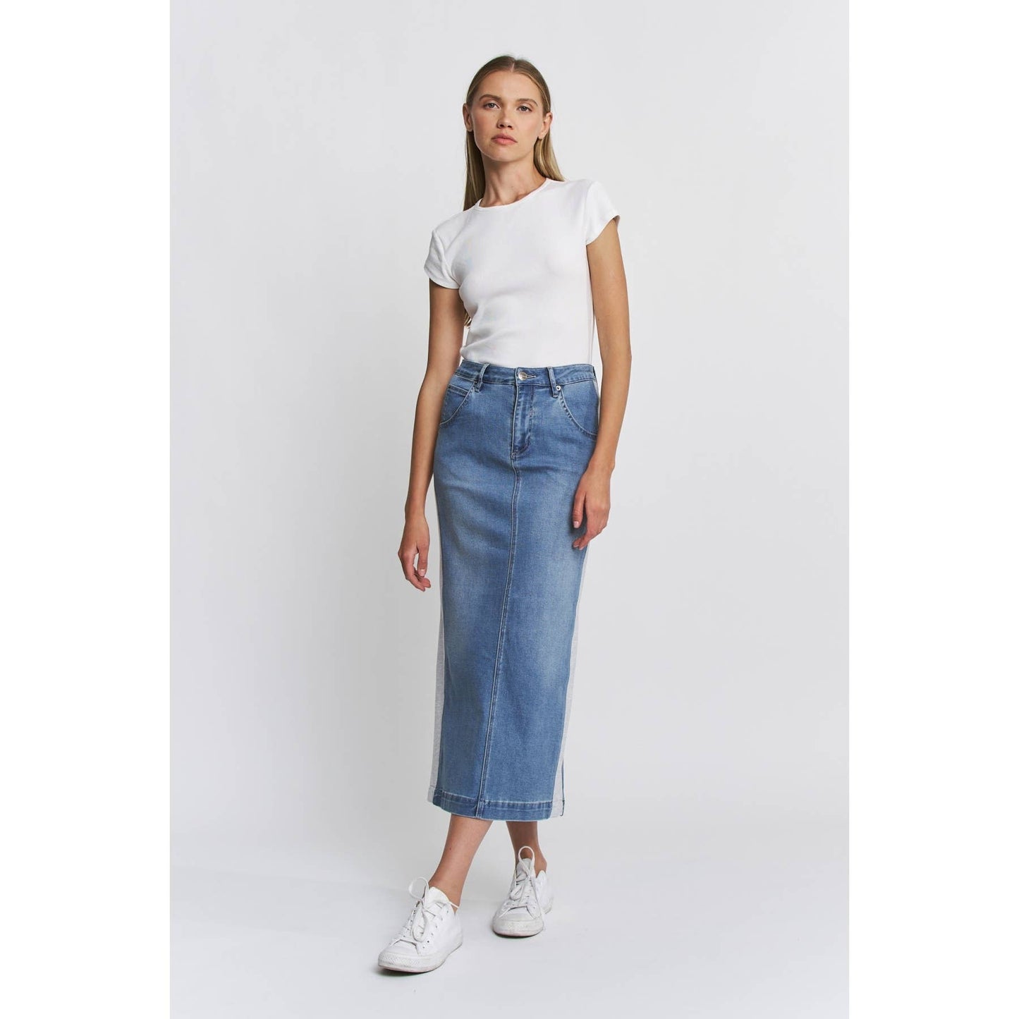 HIGH RISE MIDI SKIRT INDIGO PANELS: TERRY BLUE