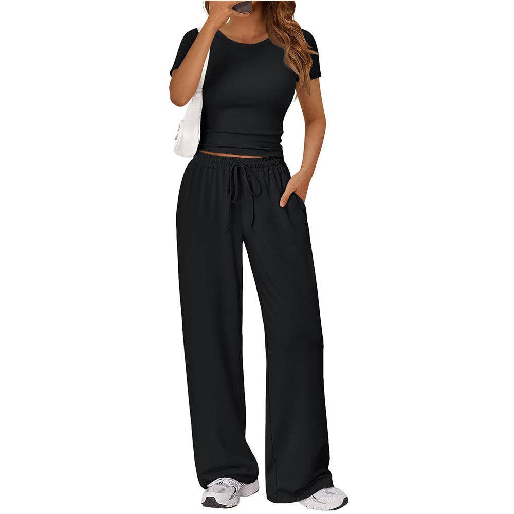 Casual Two Piece Set Crop Tee and Wide Leg Pants Set