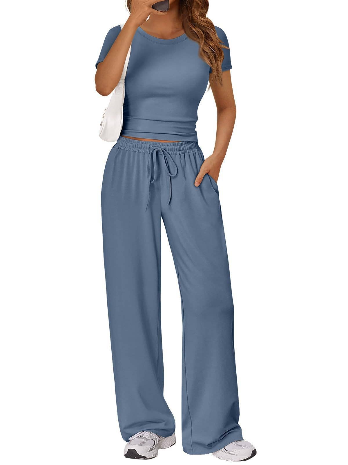 Casual Two Piece Set Crop Tee and Wide Leg Pants Set