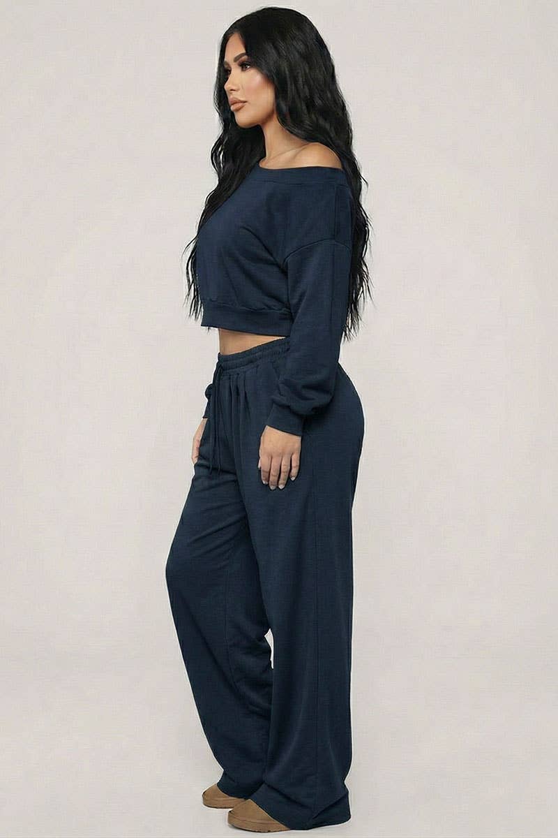 Effortless Ease French Terry Off-Shoulder Lounge Set: Deep Navy