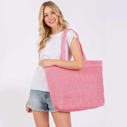 Solid Color Crochet Summer Straw Tote Bag: Pink