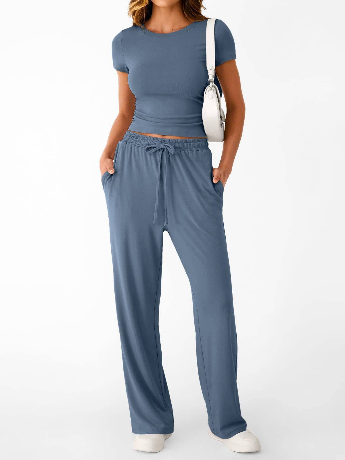 Casual Two Piece Set Crop Tee and Wide Leg Pants Set