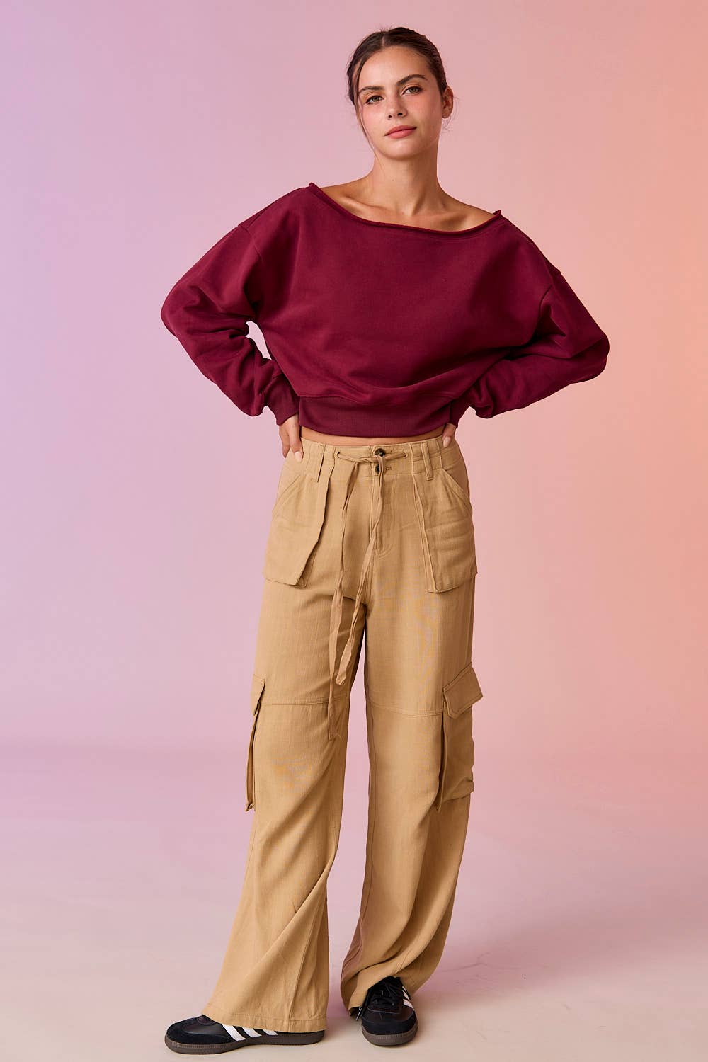 PT17835 - Alina Off Shoulder Cropped Sweatshirt: Black