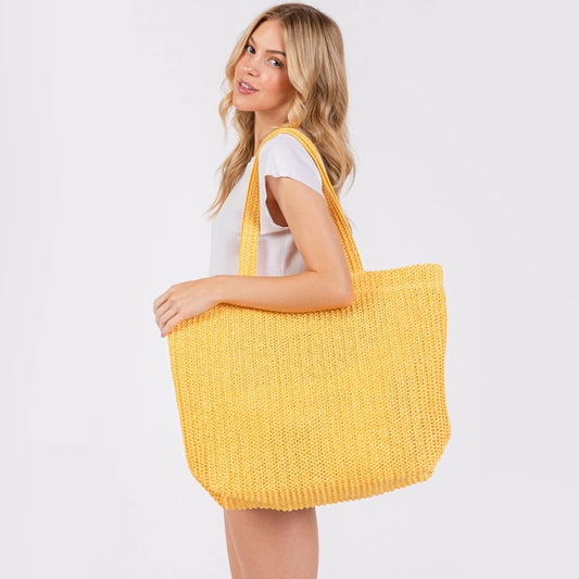 Solid Color Crochet Summer Straw Tote Bag: Yellow
