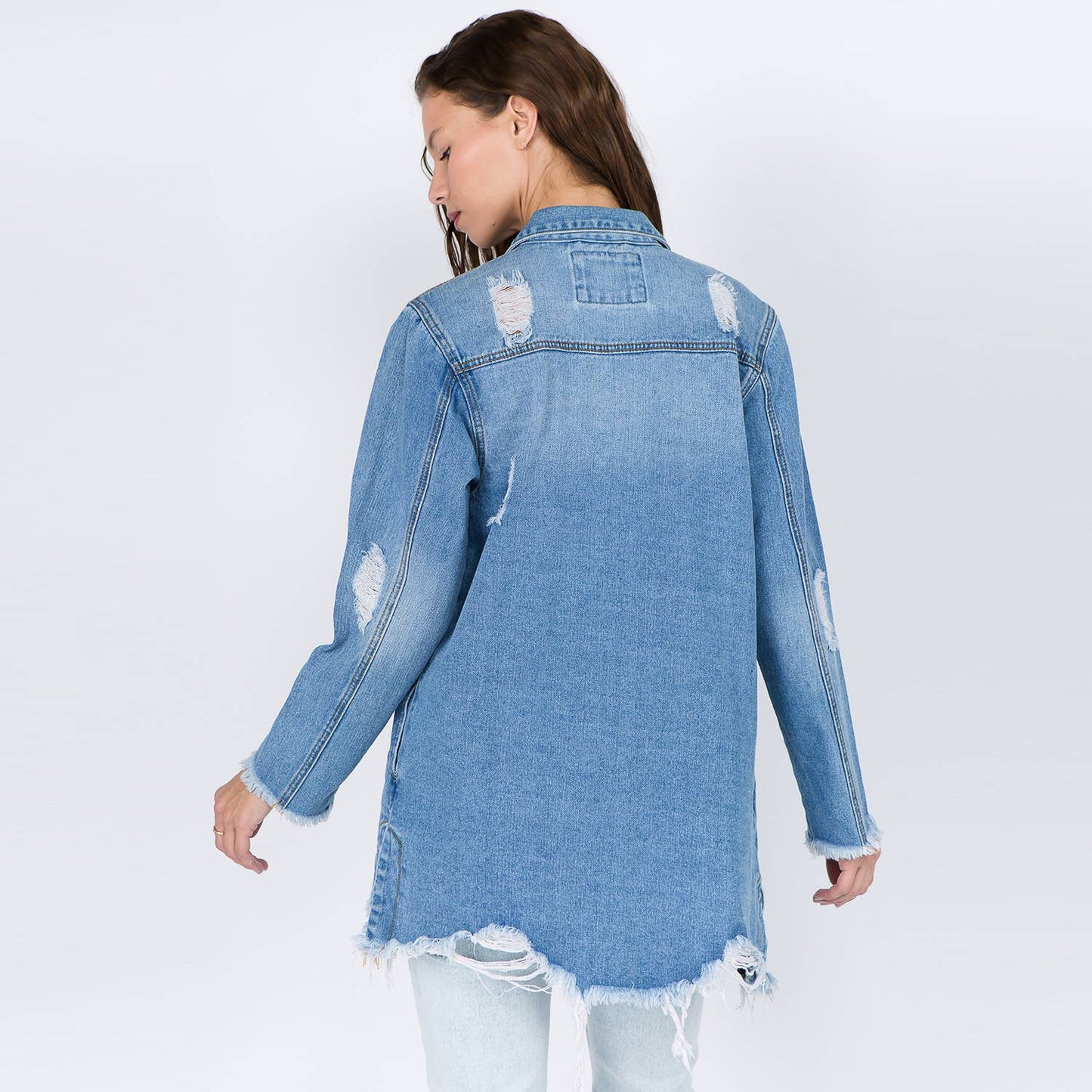 DISTRESSED DENIM SHIRT STYLE JACKET-WHITE