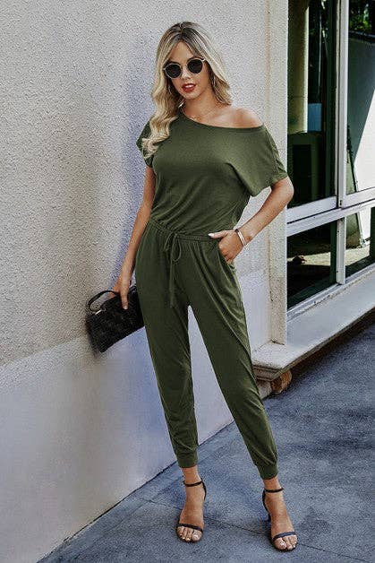 Solid Slant Shoulder Short Sleeve Jumpsuit: WINE / S