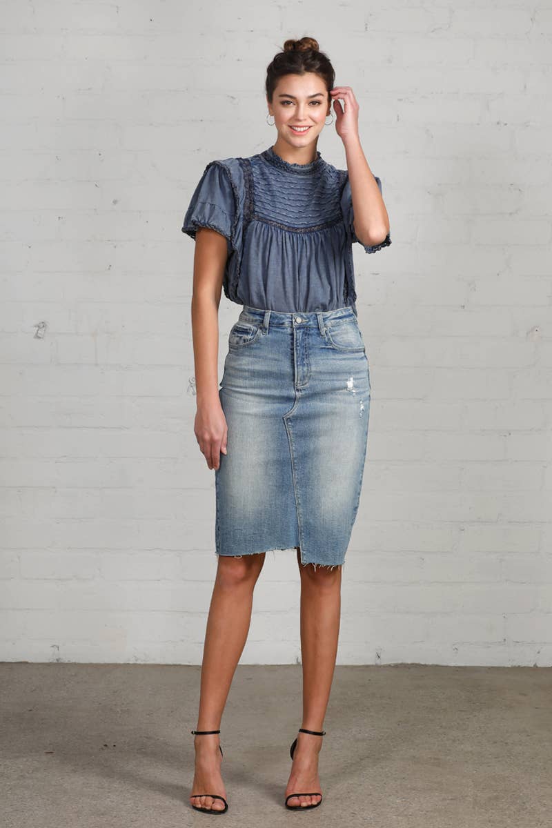 High Rise Stretch Raw Hem Knee Length Denim Skirt