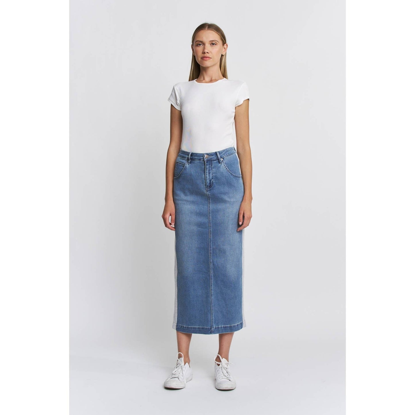 HIGH RISE MIDI SKIRT INDIGO PANELS: TERRY BLUE