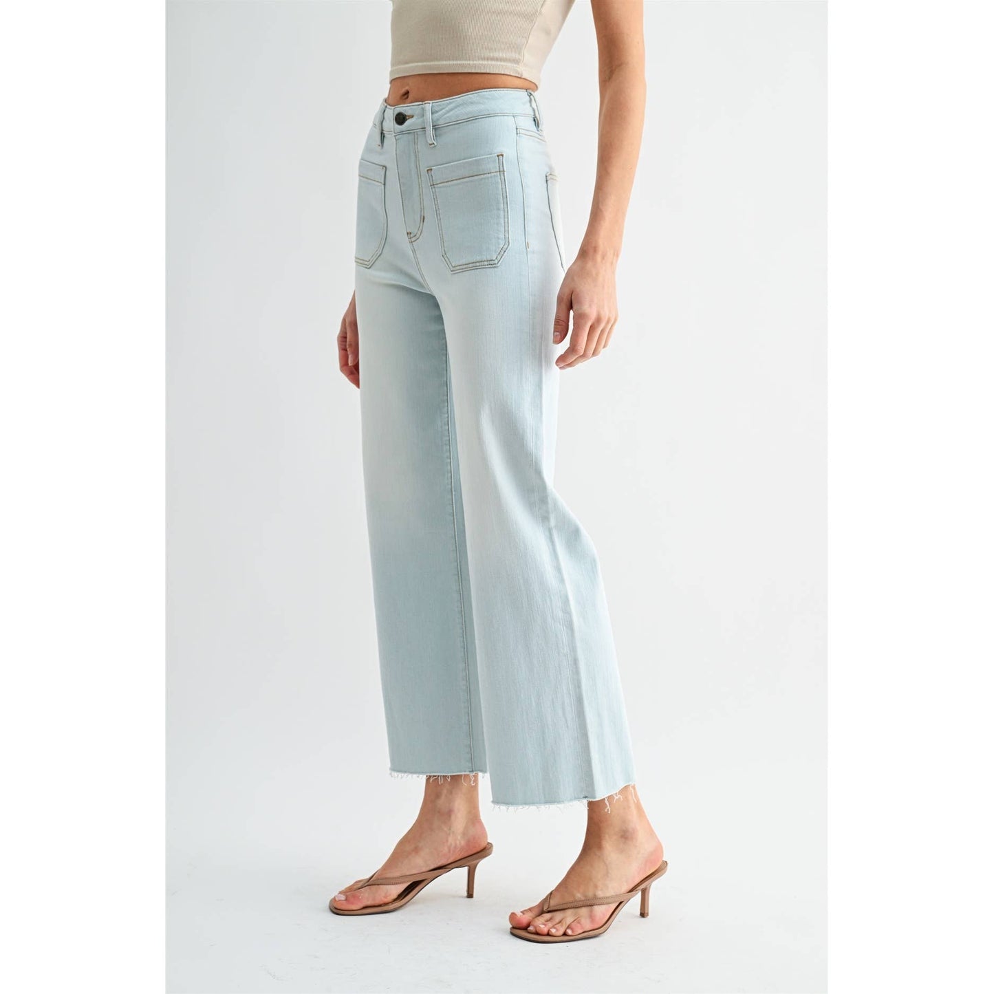 HIGH-RISE WIDE LEG CROP RAW HEM: BLIZZARD BLUE