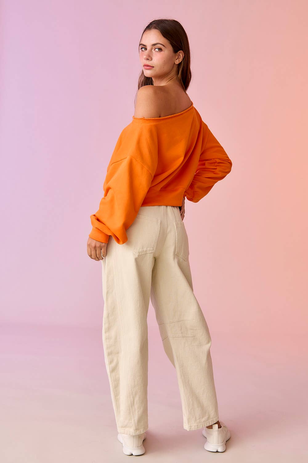PT17835 - Alina Off Shoulder Cropped Sweatshirt: Pink