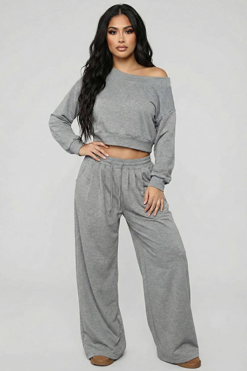 Effortless Ease French Terry Off-Shoulder Lounge Set: Deep Navy