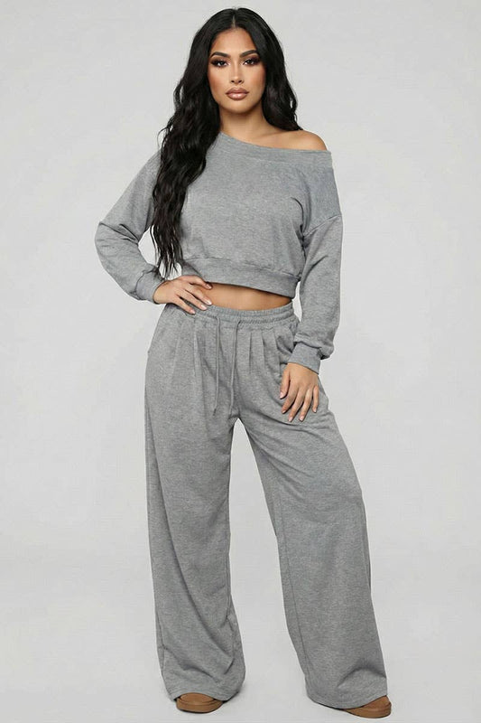 Effortless Ease French Terry Off-Shoulder Lounge Set: Deep Navy