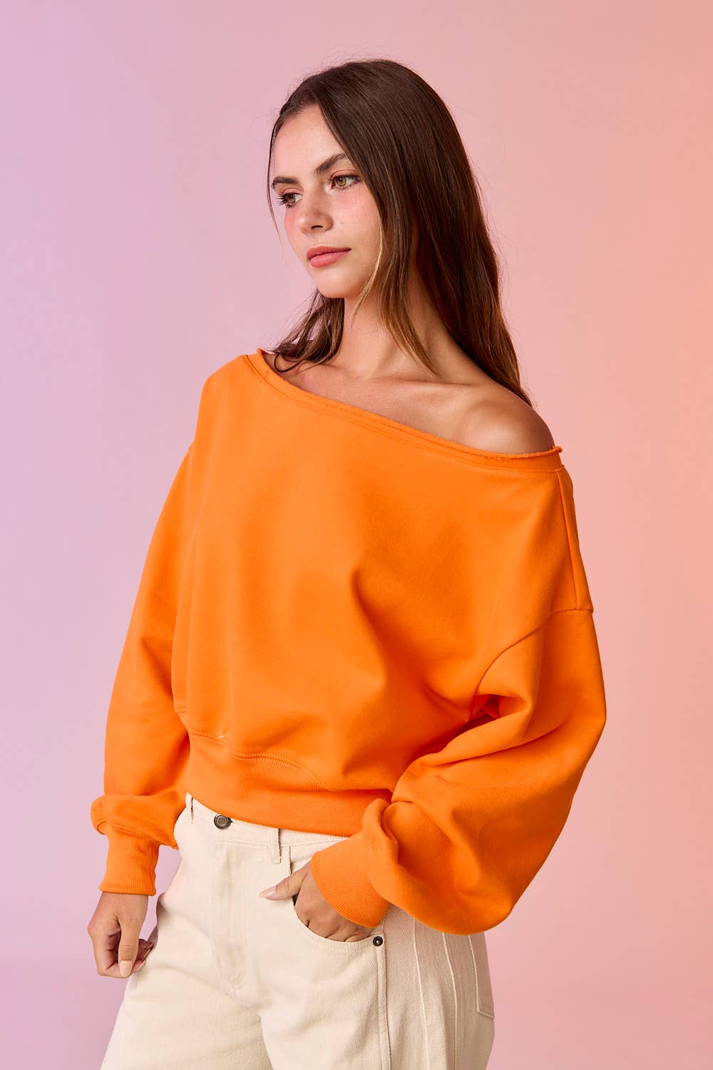 PT17835 - Alina Off Shoulder Cropped Sweatshirt: Pink