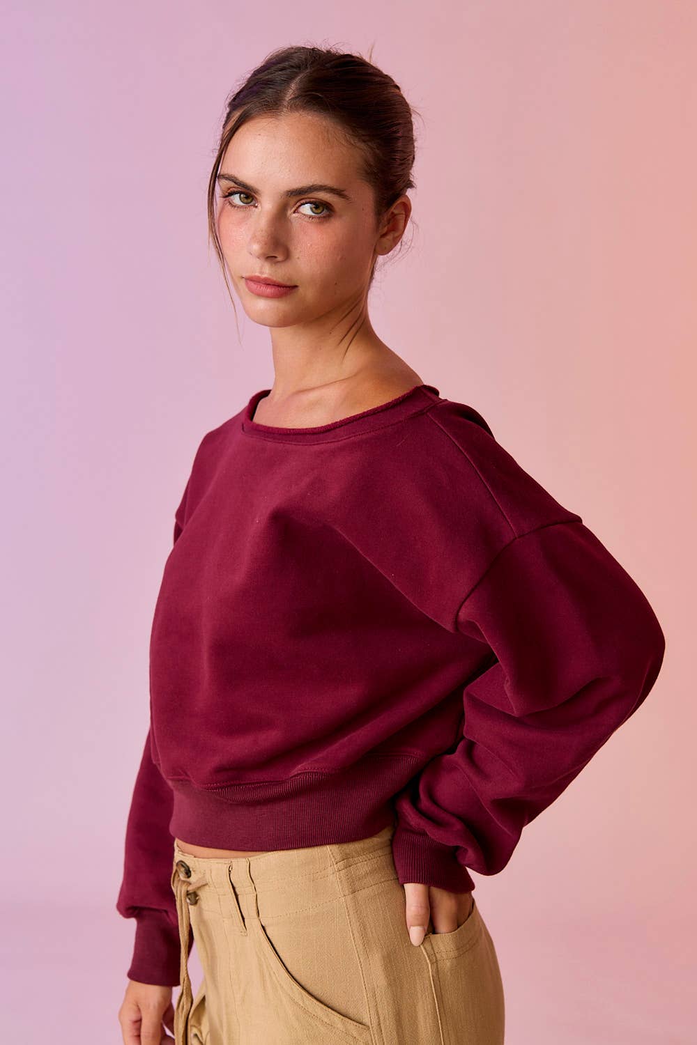 PT17835 - Alina Off Shoulder Cropped Sweatshirt: Black
