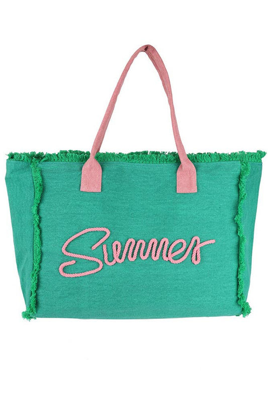 Sewn Rope Summer Letter Fringed Canvas Bag: Green