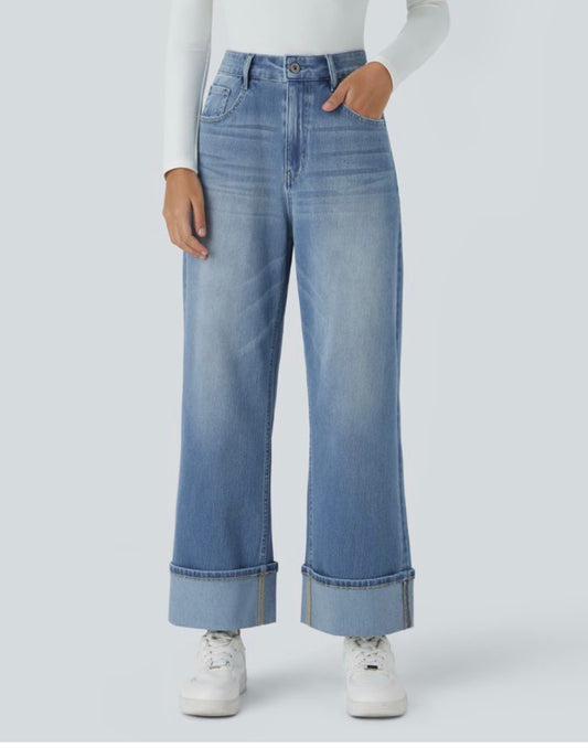Halara Flex High Waisted Pockets Rolled Hem Wide Leg Jeans