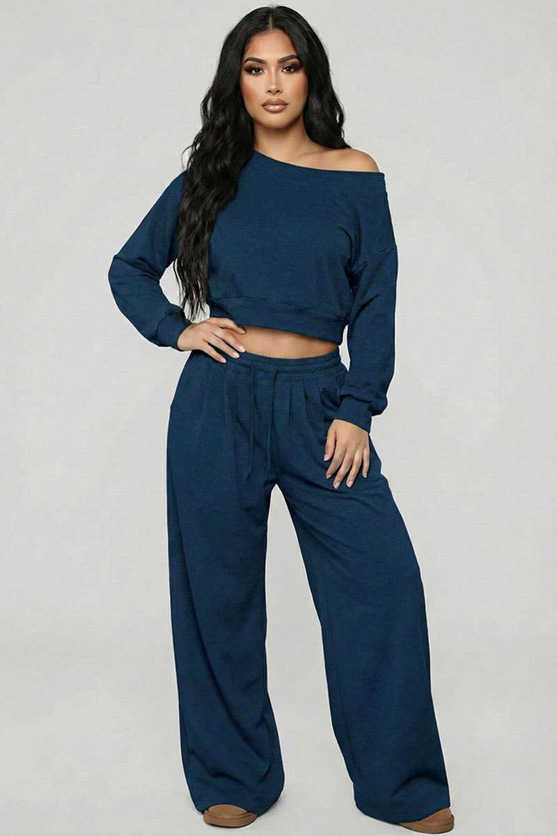 Effortless Ease French Terry Off-Shoulder Lounge Set: Charcoal Grey